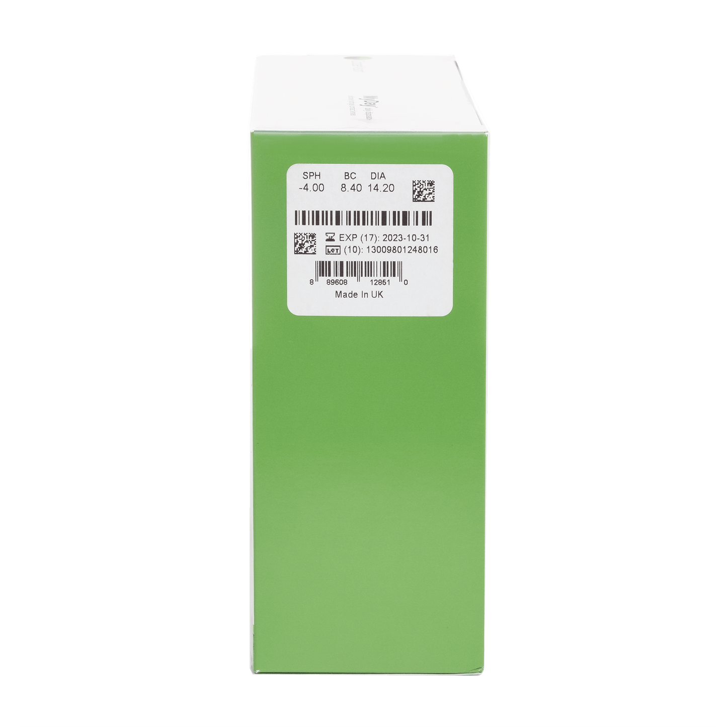 the back of a green box with a barcode on it